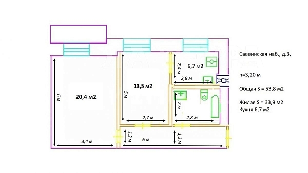 Снять 2-к квартиру, 53 кв.м., Москва, Хамовники, Саввинская наб, 3 (№74391)